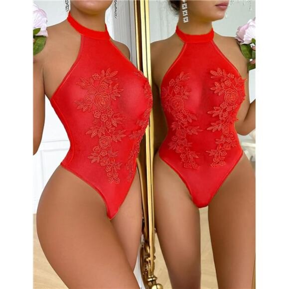 Women Teddy Lingerie Sexy Mesh Bodysuit Light Red - Picture 4 of 6